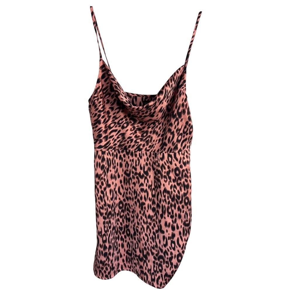 PrettyLittleThing Leopard Print Mini Dress Womens 16 Pink Cowl‎ Neck Satin